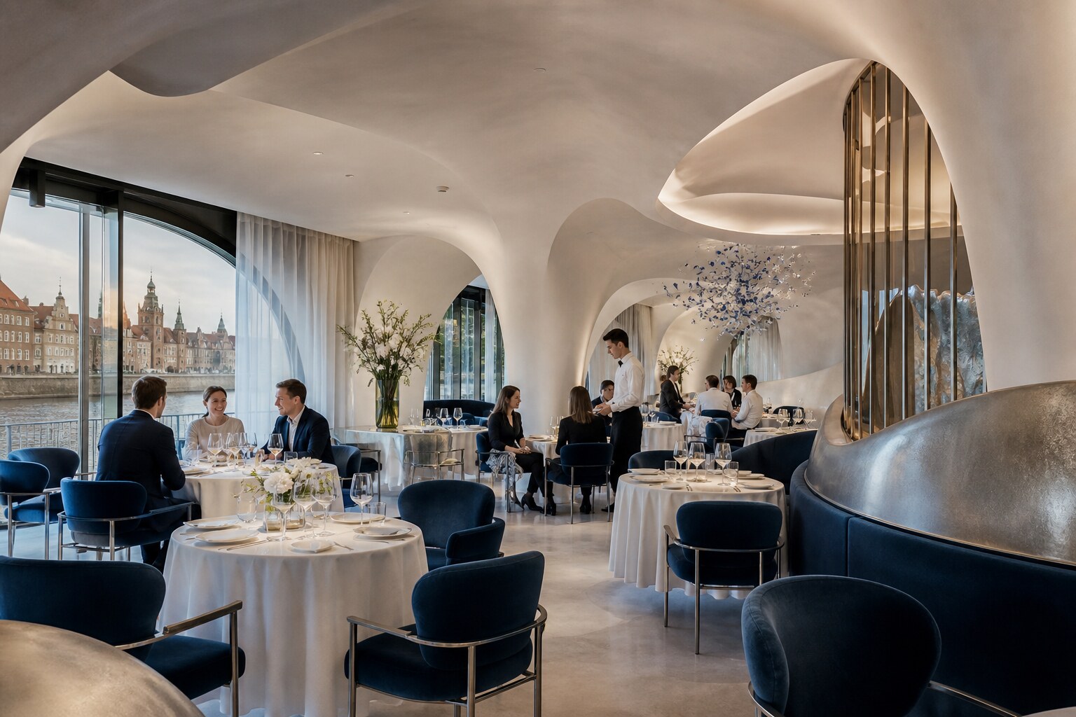 Jasny salon restauracji Perłowy Salon z krągłymi stołami i obsługą